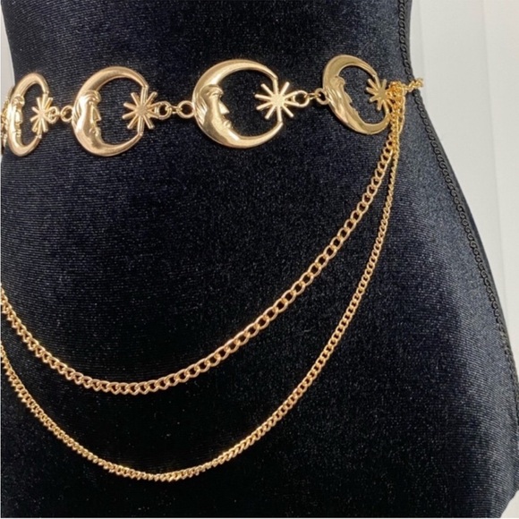 Celestial Crescent Moon Multi Layer Chain Statement Belt Metal Waist Belt Gold - Picture 2 of 13
